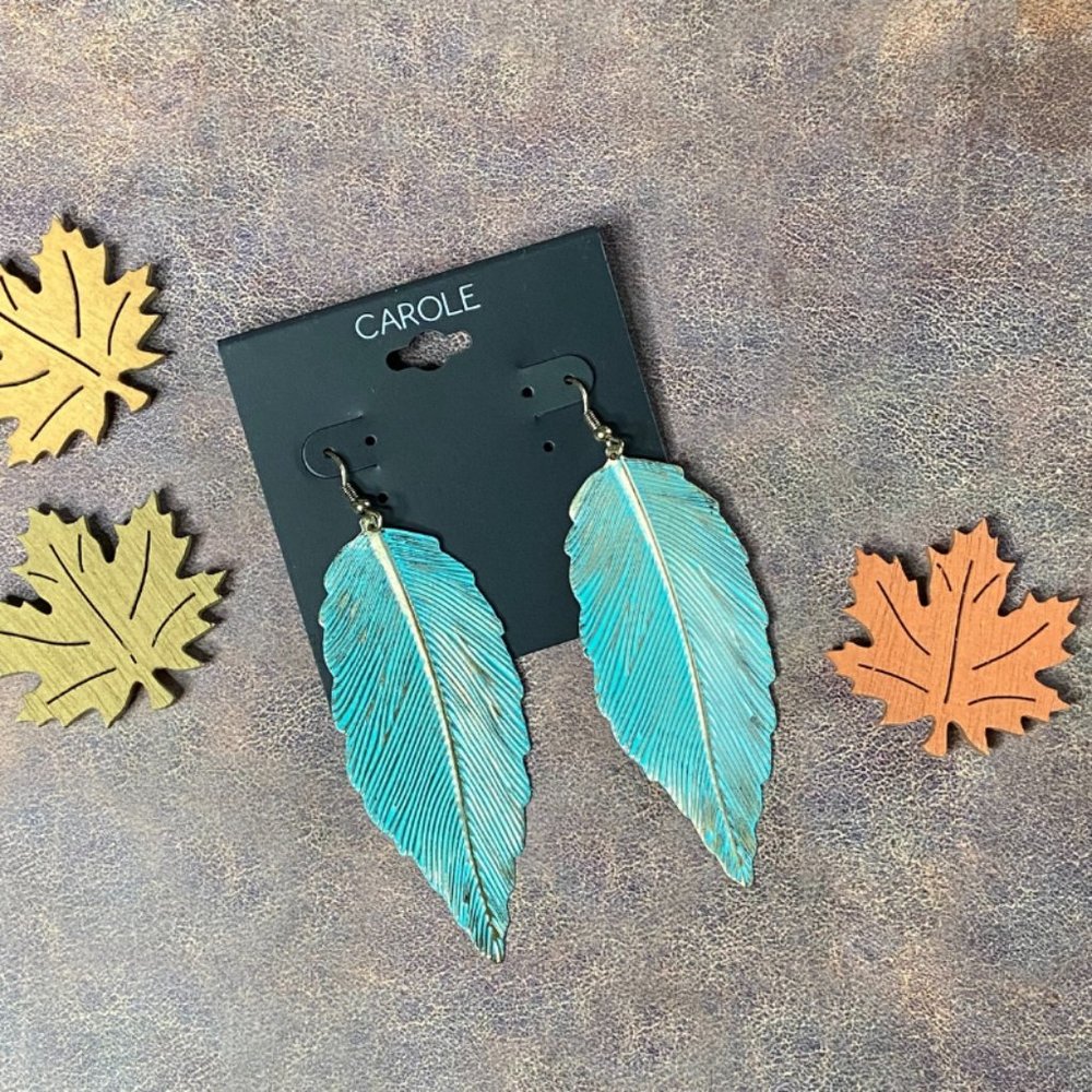 Goldtone Patina Leaf Drop Earrings - Picture 4 of 9